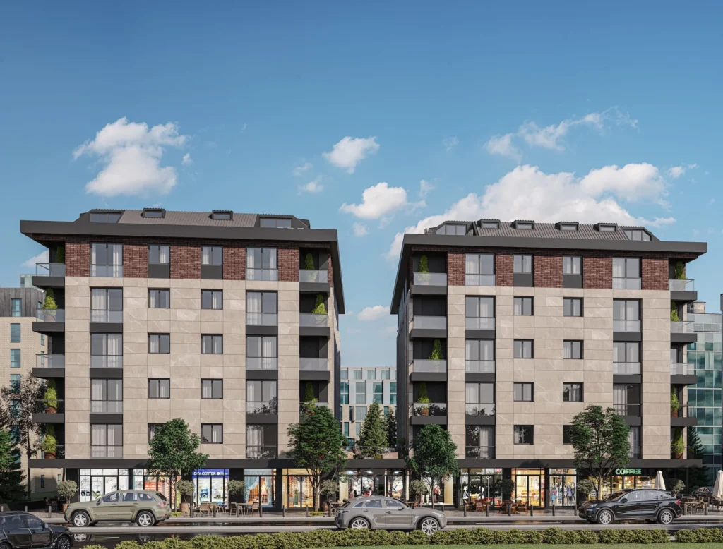 Deka Corner Pendik modern konut projesi genel görünüm, çift blok cephe ve sokak perspektifi