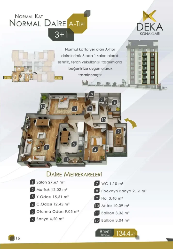 Deka Konakları 3+1 A Tipi normal daire kat planı, 134,4 m² brüt salon mutfak 3 oda 2 balkon